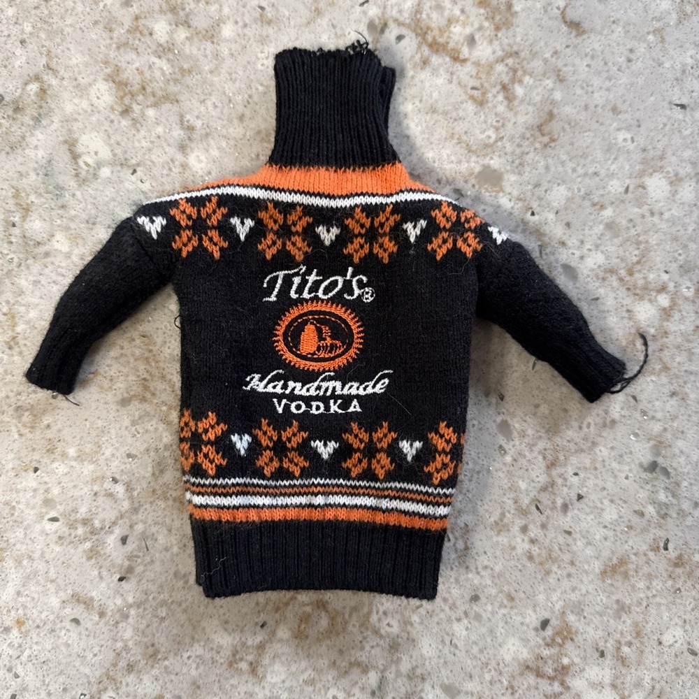 Tito's Handmade Vodka Bottle‎ Ugly Sweater Bottle Cover Black & Orange